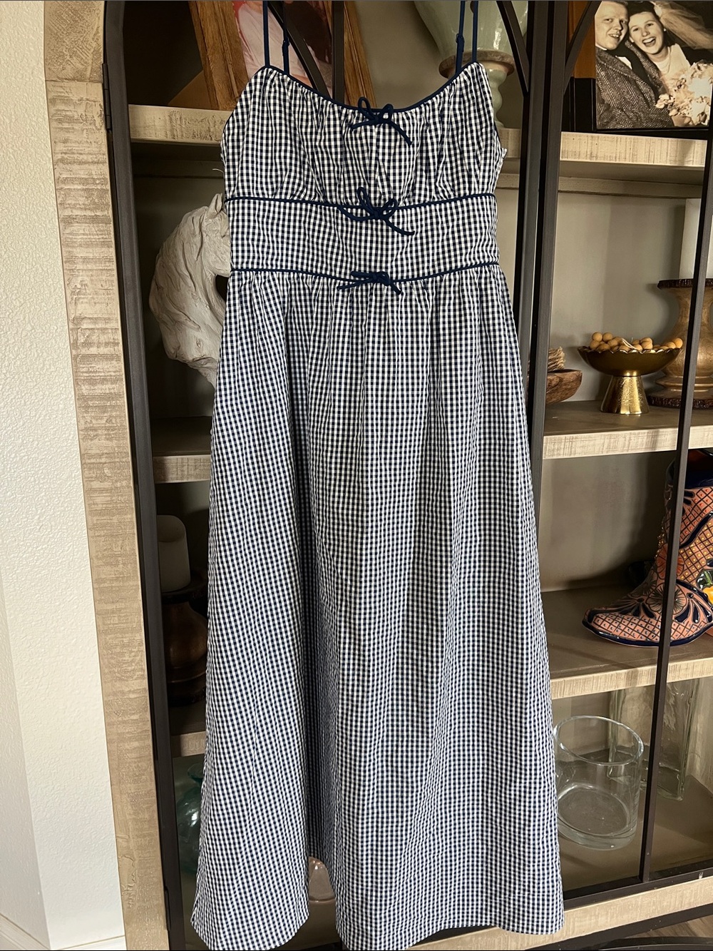 House of Harlow Navy & White Gingham Bow-Detail Maxi Dress. M 💙💙🤍 - Picture 3 of 4